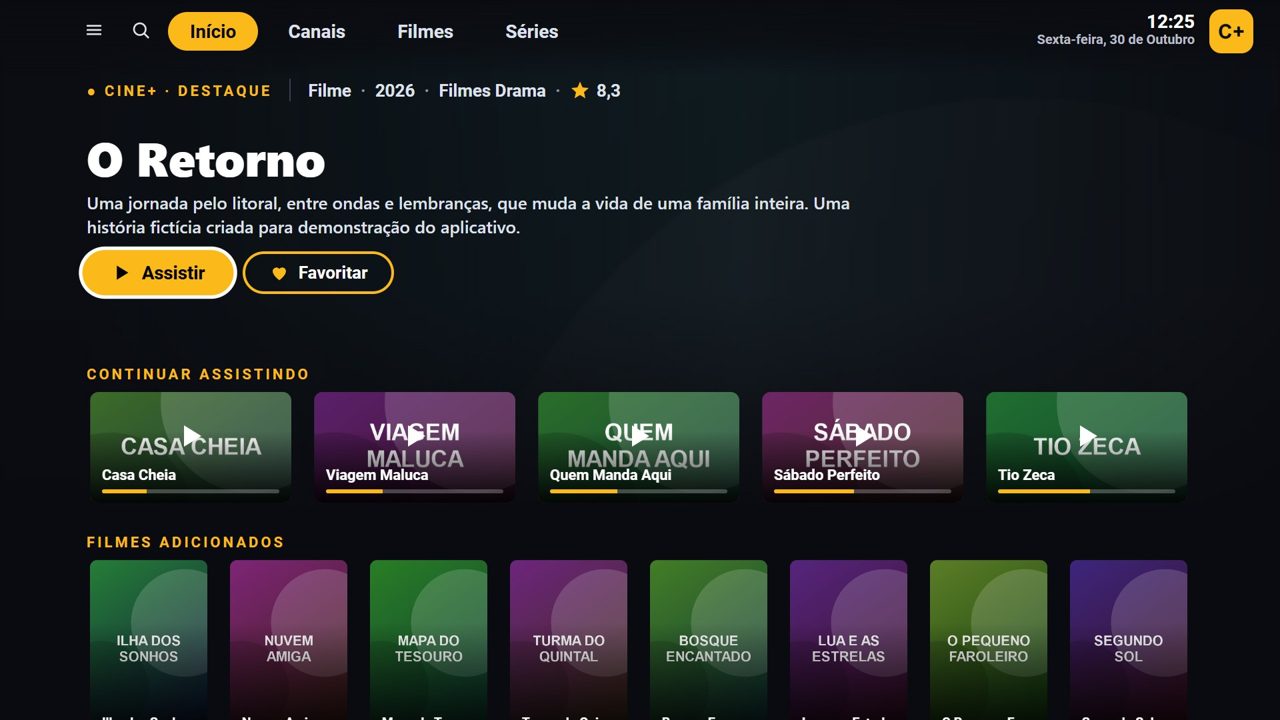 Tela inicial com destaque e Continuar assistindo