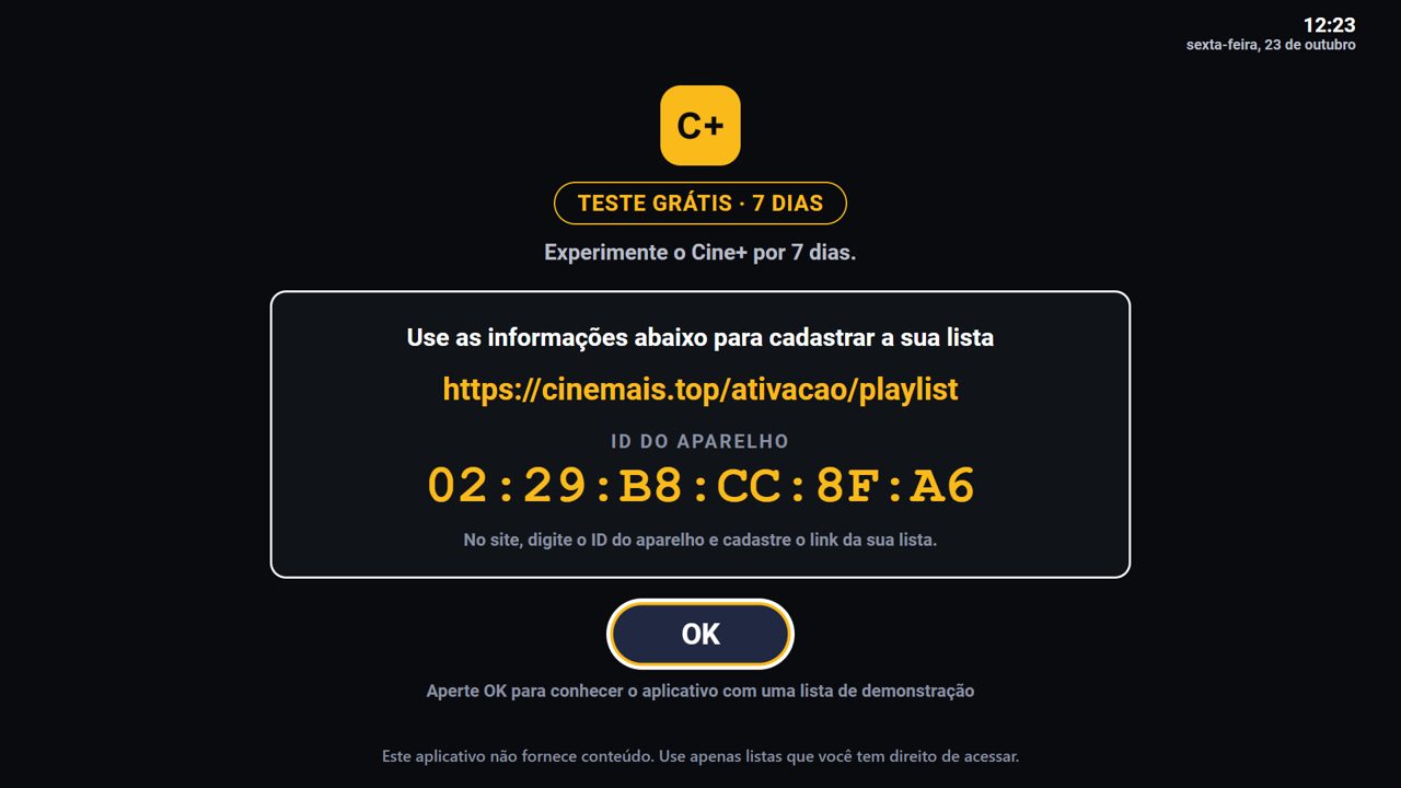 Tela de ativação do Cine+ com o ID do aparelho